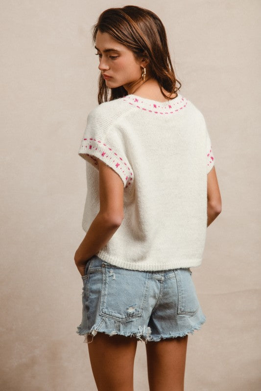 Knit Stitch Short-Sleeve Sweater
