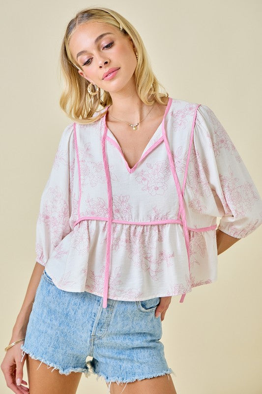 Floral Contrast Binding Blouse