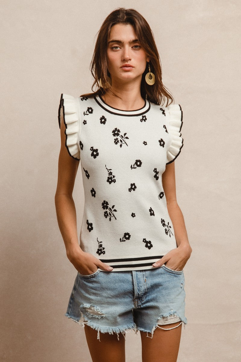 Floral Flutter Sleeve Sweater Top