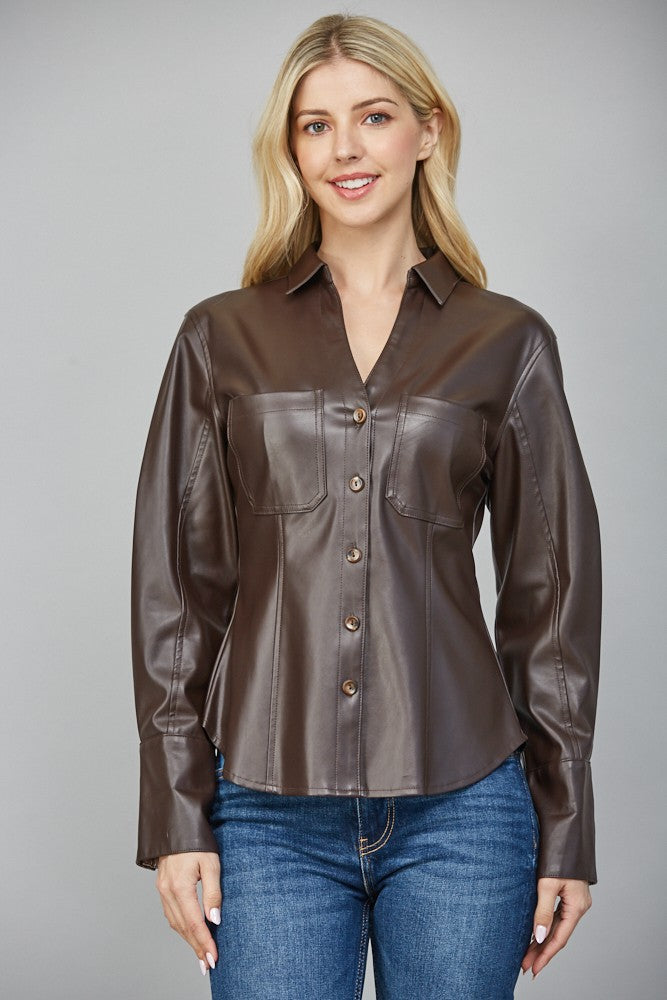 Faux Leather Button  Down Shirt