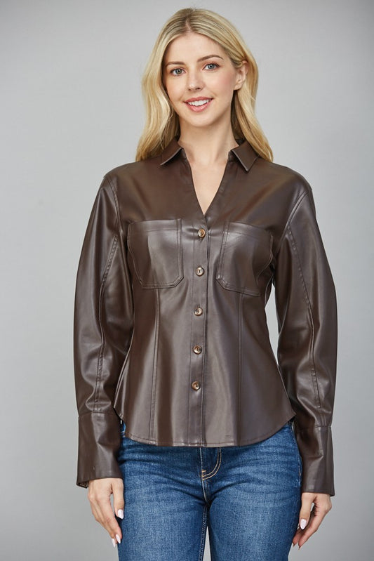 Faux Leather Button  Down Shirt