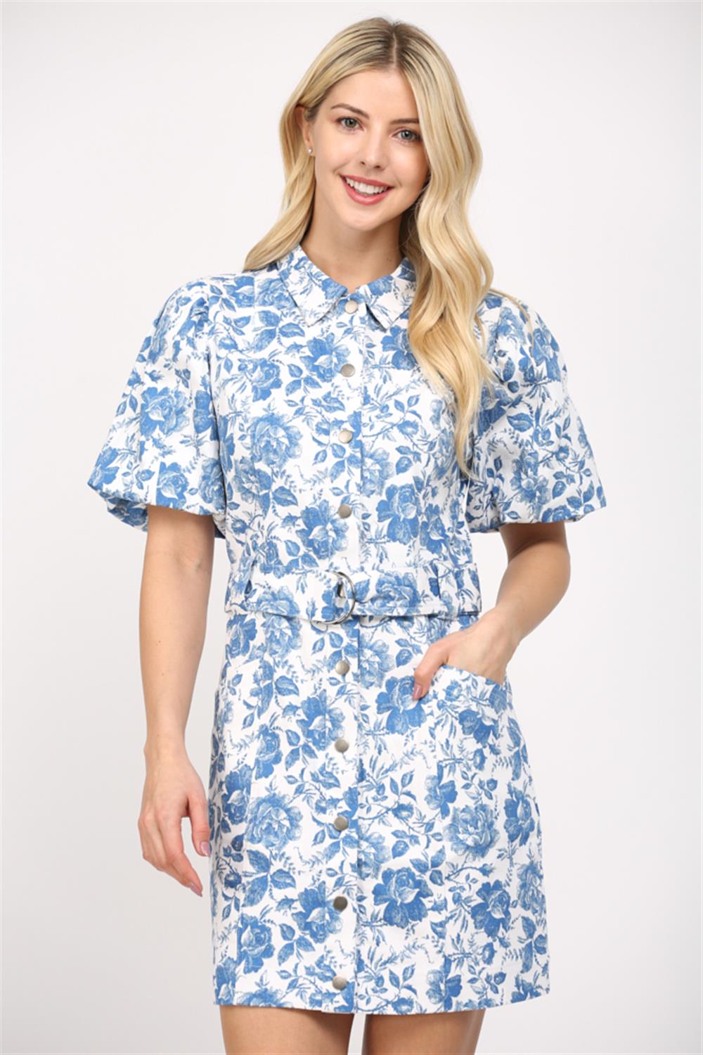 Short Floral Print Belted Dress
