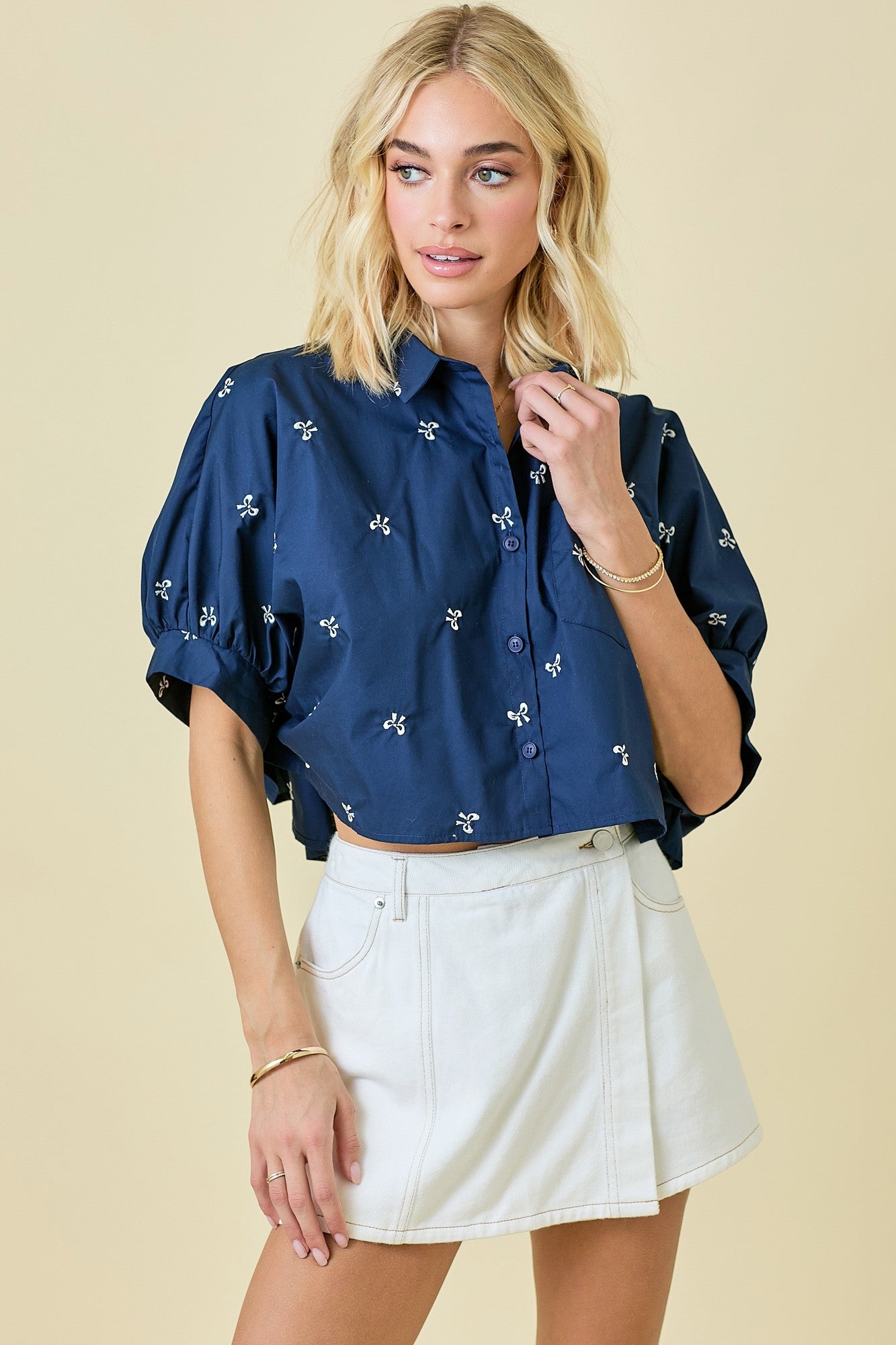 Bow Embroidered Button Top