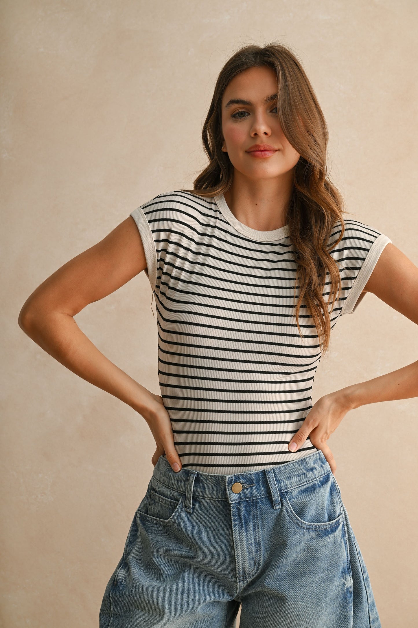 Striped Cap-Sleeve Ribbed Bodysuit