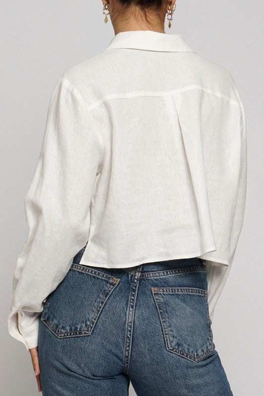 Long-sleeve Crop Linen Button Top