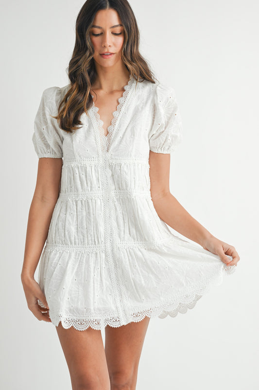 Eyelet V-Neck Mini Dress