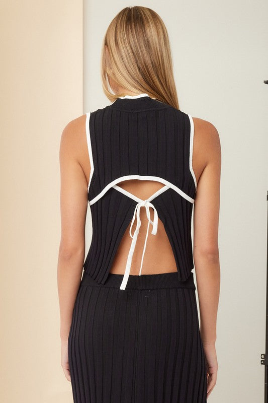 Contrast Knitted Tie Mock-Neck Top