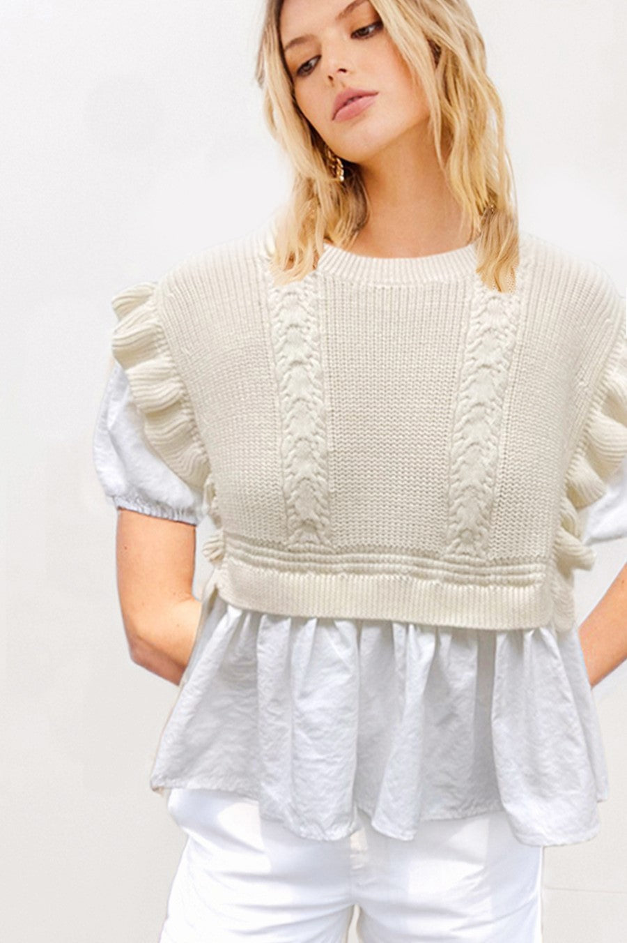 Knitted Vest Short Sleeve Blouse