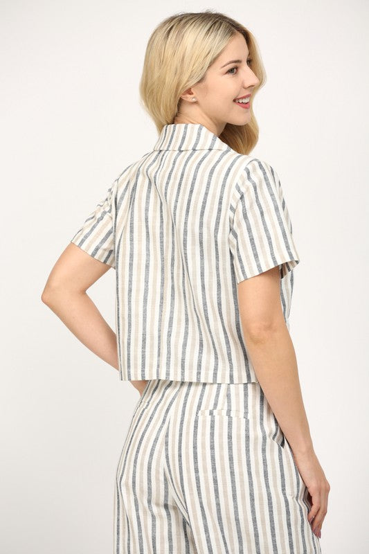 Linen Stripe Button Crop Top