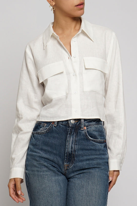 Long-sleeve Crop Linen Button Top