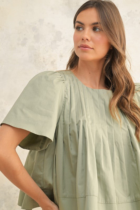 Pleated Short-Sleeve Blouse