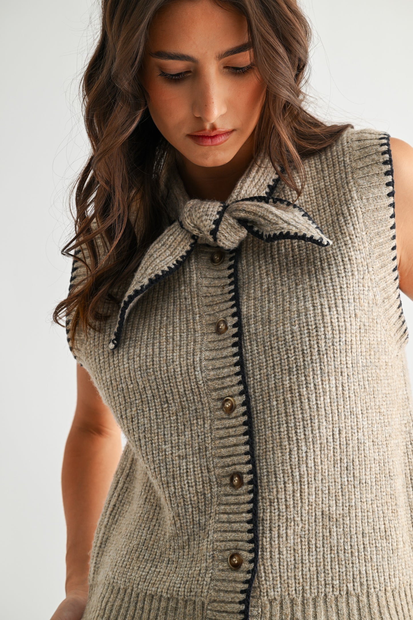 Tie Neck Front Button Sweater Vest