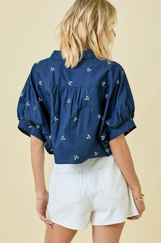 Bow Embroidered Button Top