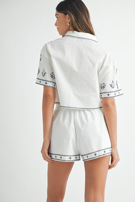 Embroidered Button Cropped Set