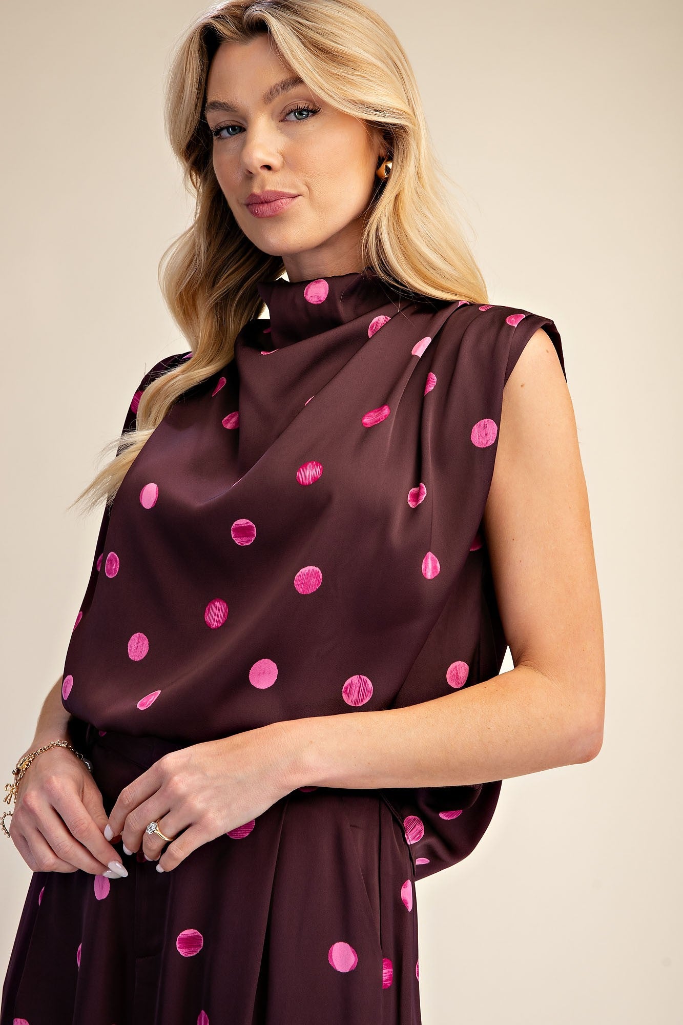 Cowl Mock Neck Polka Dot Top
