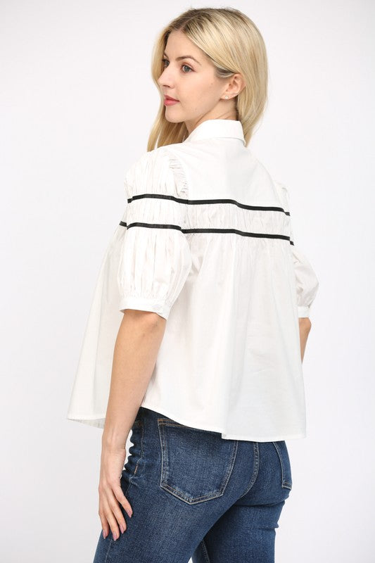 Contrast Shirred Short-Sleeve Top