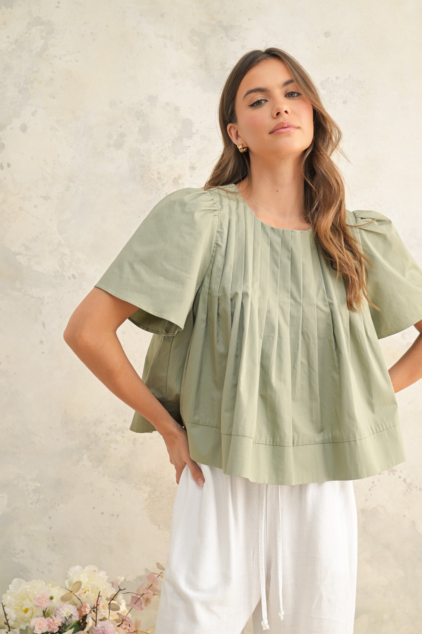Pleated Short-Sleeve Blouse