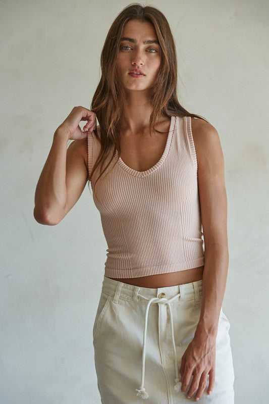 Textured Two-Tone V-Neck Tank