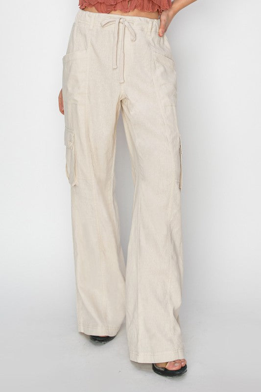 Cream High Rise Synched Cargo Pants