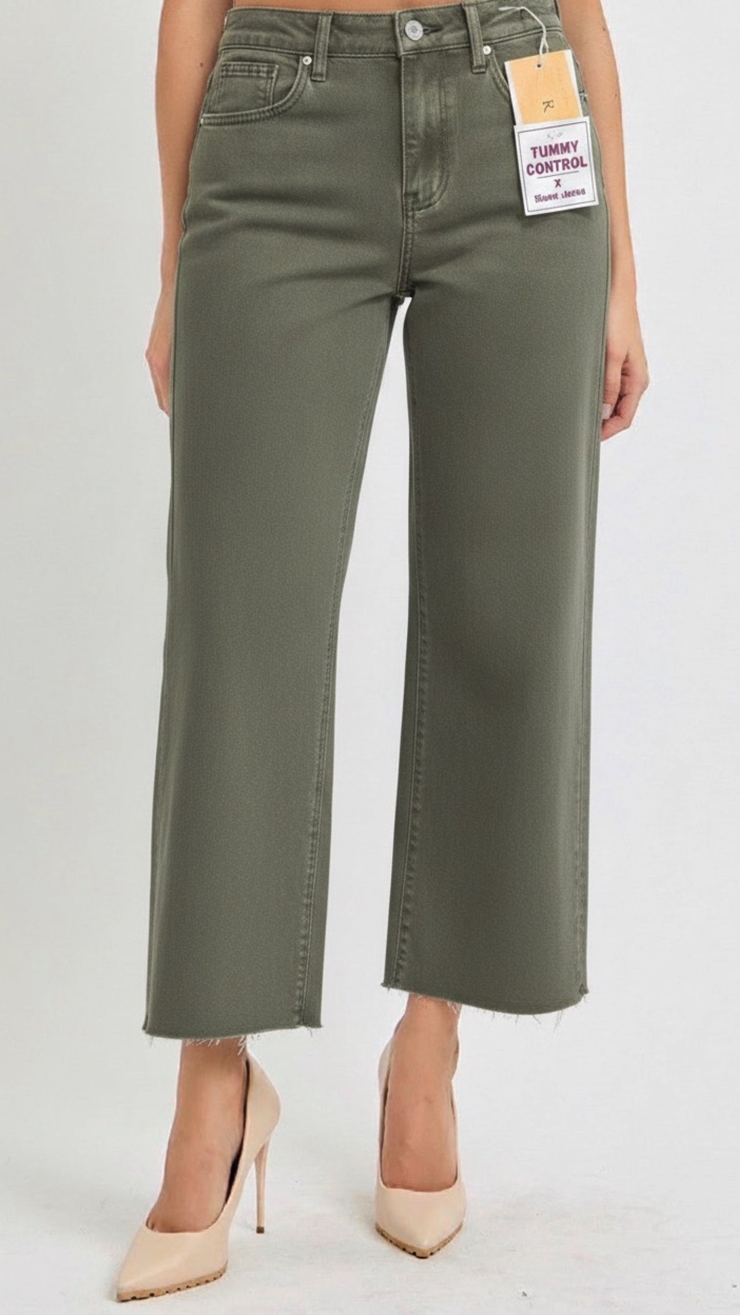 Mid-Rise Straight Raw Hem Olive Jeans