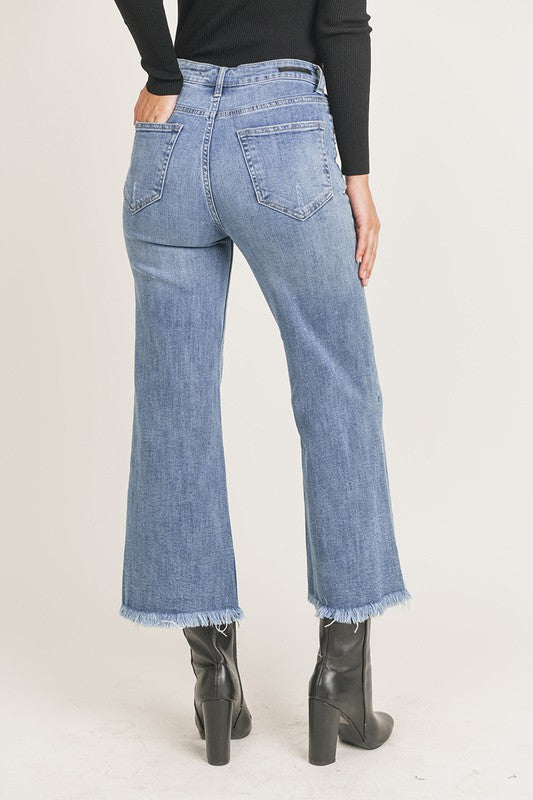 Hi-Rise Frayed Ankle Wide Leg Jeans