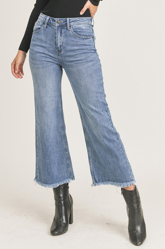 Hi-Rise Frayed Ankle Wide Leg Jeans