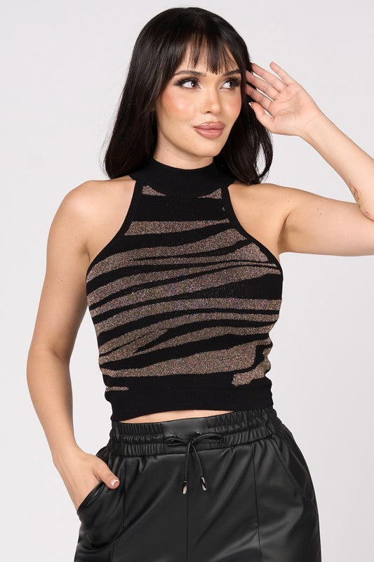 ZEBRA METALLIC SWEATER RIB HALTER MOCK