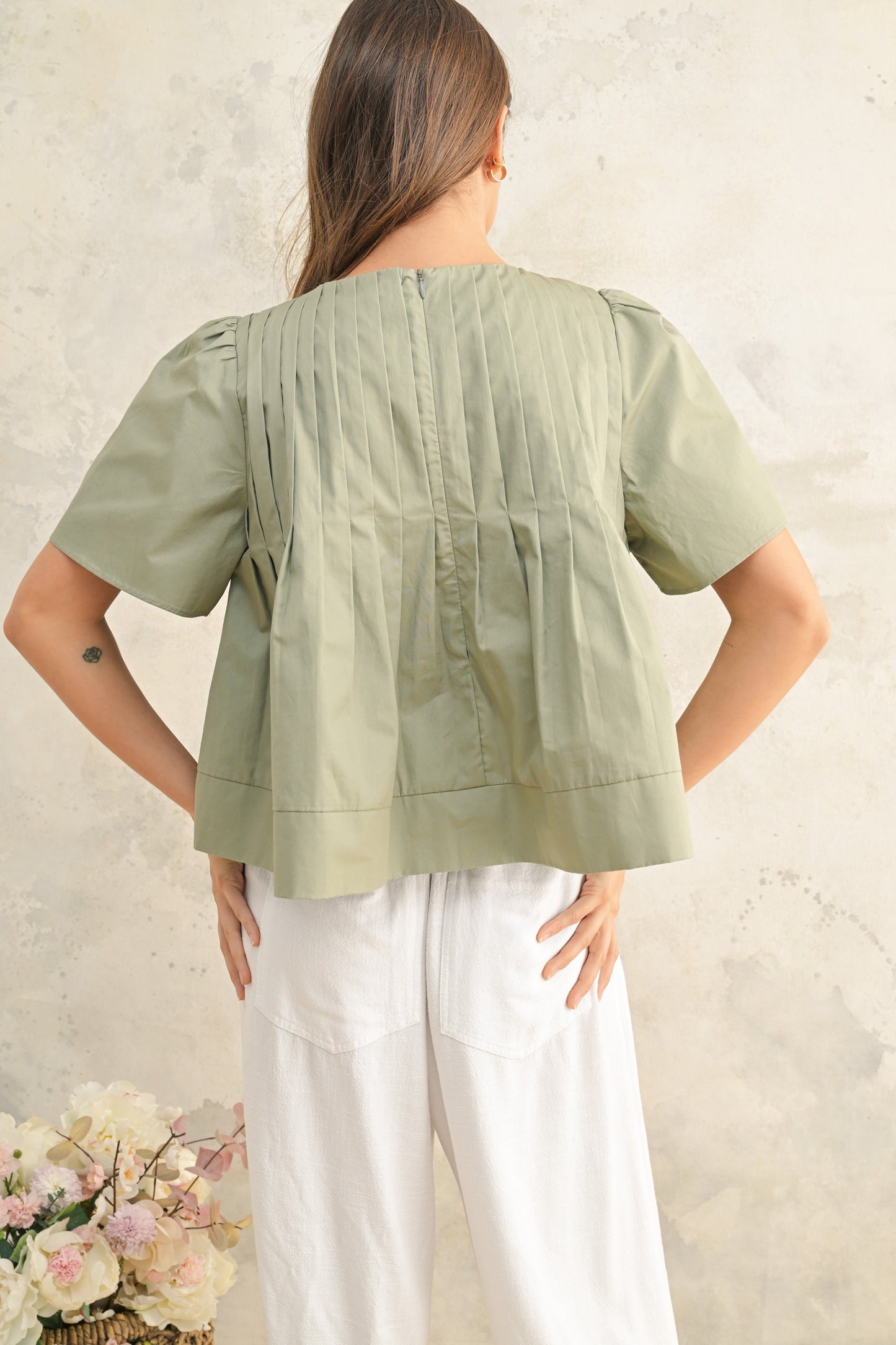 Pleated Short-Sleeve Blouse