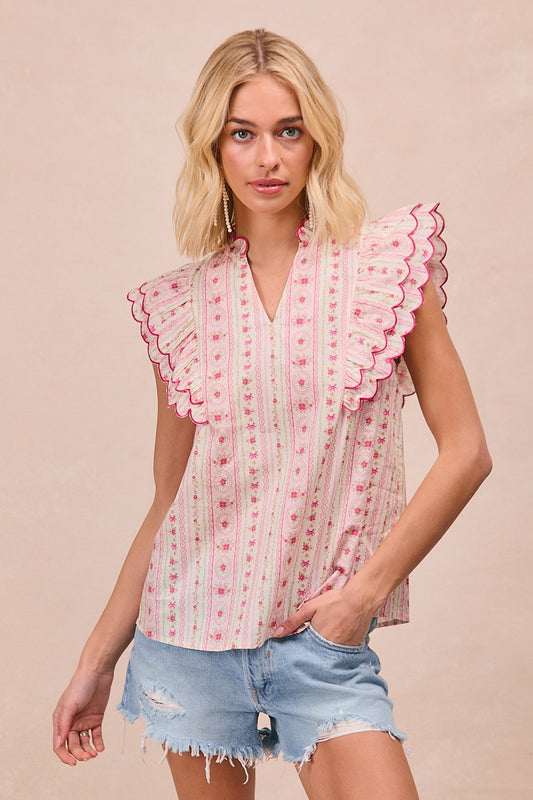 Printed Woven Scalloped Top
