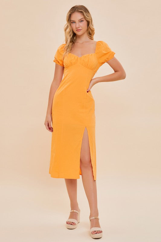 Puff Sleeve Slit Midi Dress