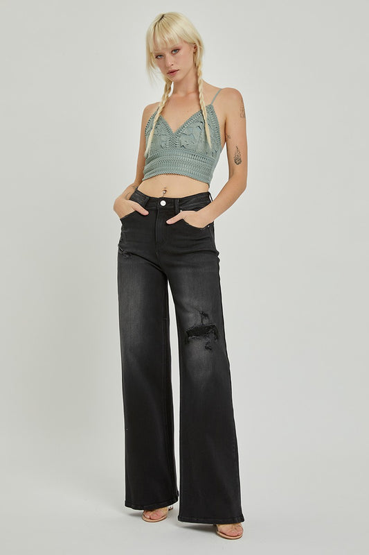 High Rise Distressed Detail Wide Leg Jeans
