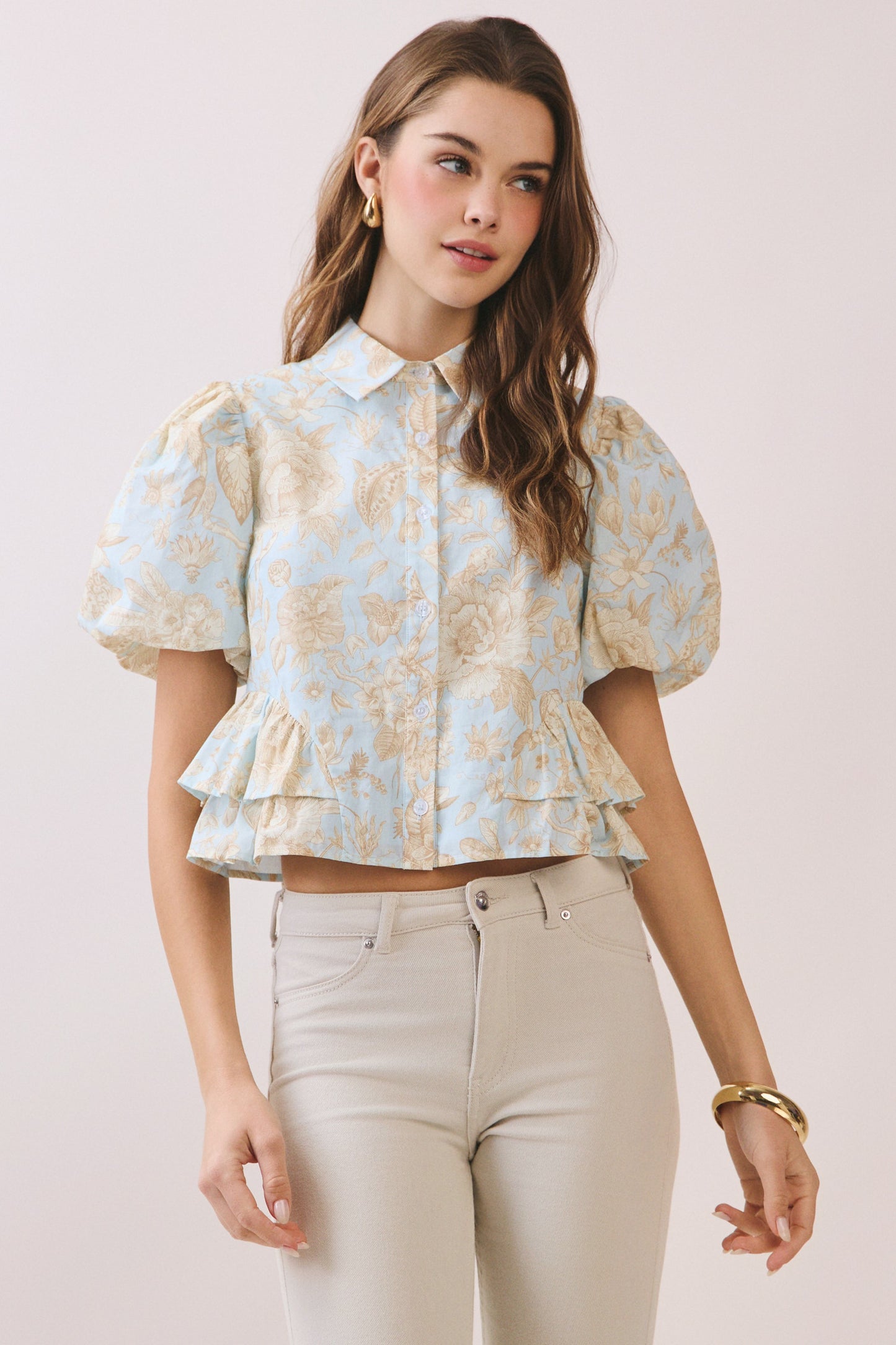 Floral Puff Sleeve Peplum Top