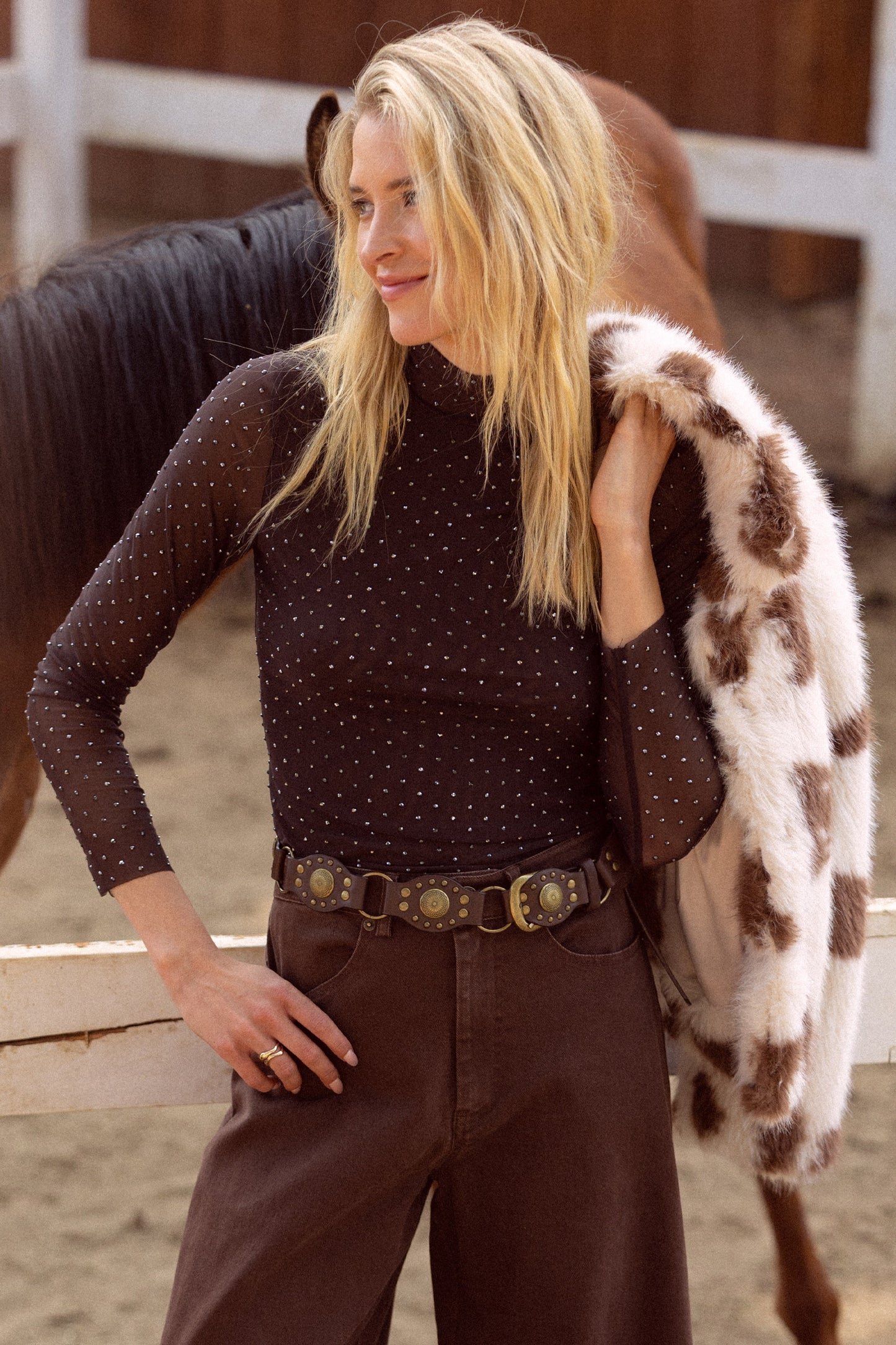 Embellished Mesh Mock Neck Long Sleeve