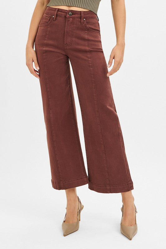TC High Rise Crop Wide Leg Choco Brown Risen Jean