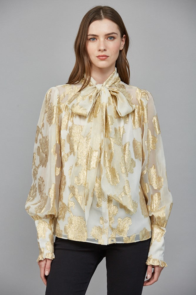 Gold Metallic Chiffon Button Down