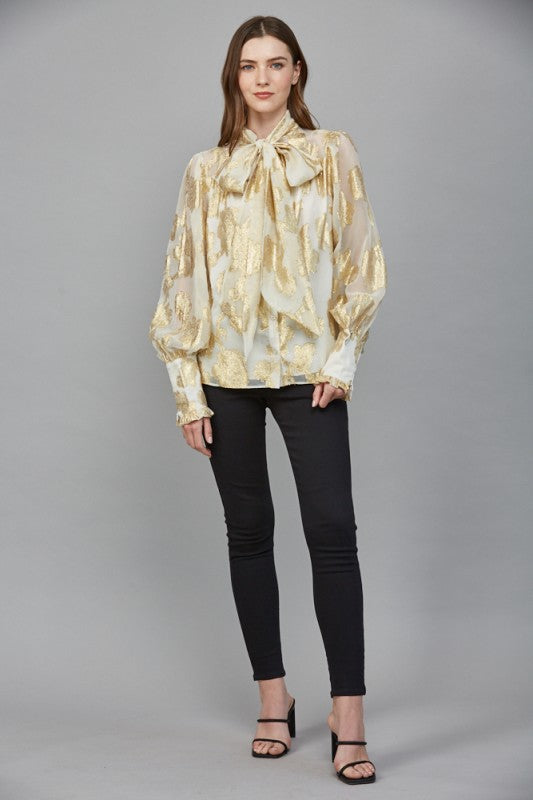 Gold Metallic Chiffon Button Down