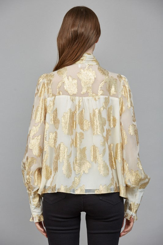 Gold Metallic Chiffon Button Down