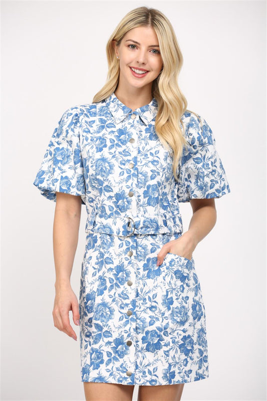 Short Floral Print Belted Dress