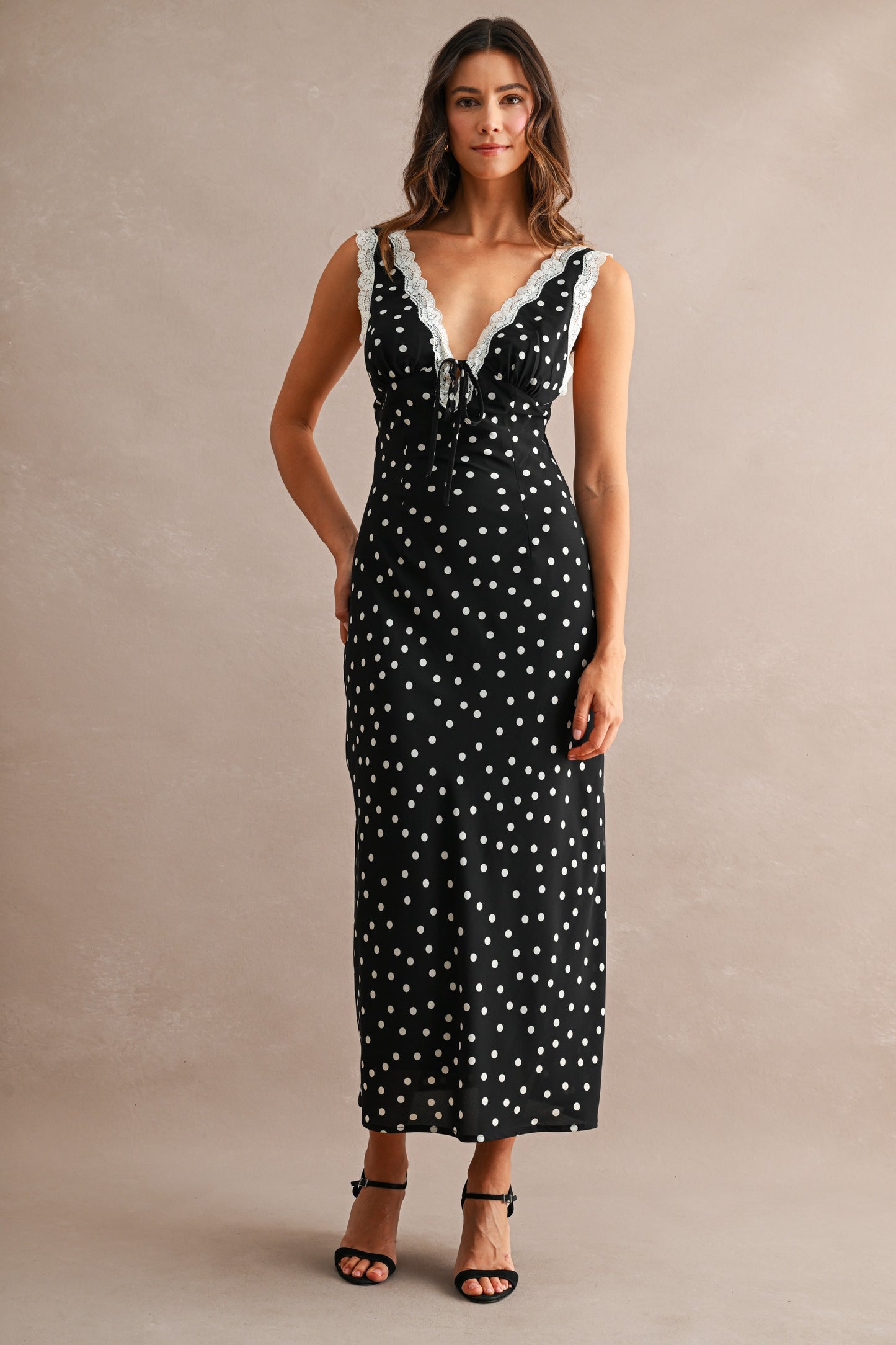 Polka Dot Lace Trim Midi Dress
