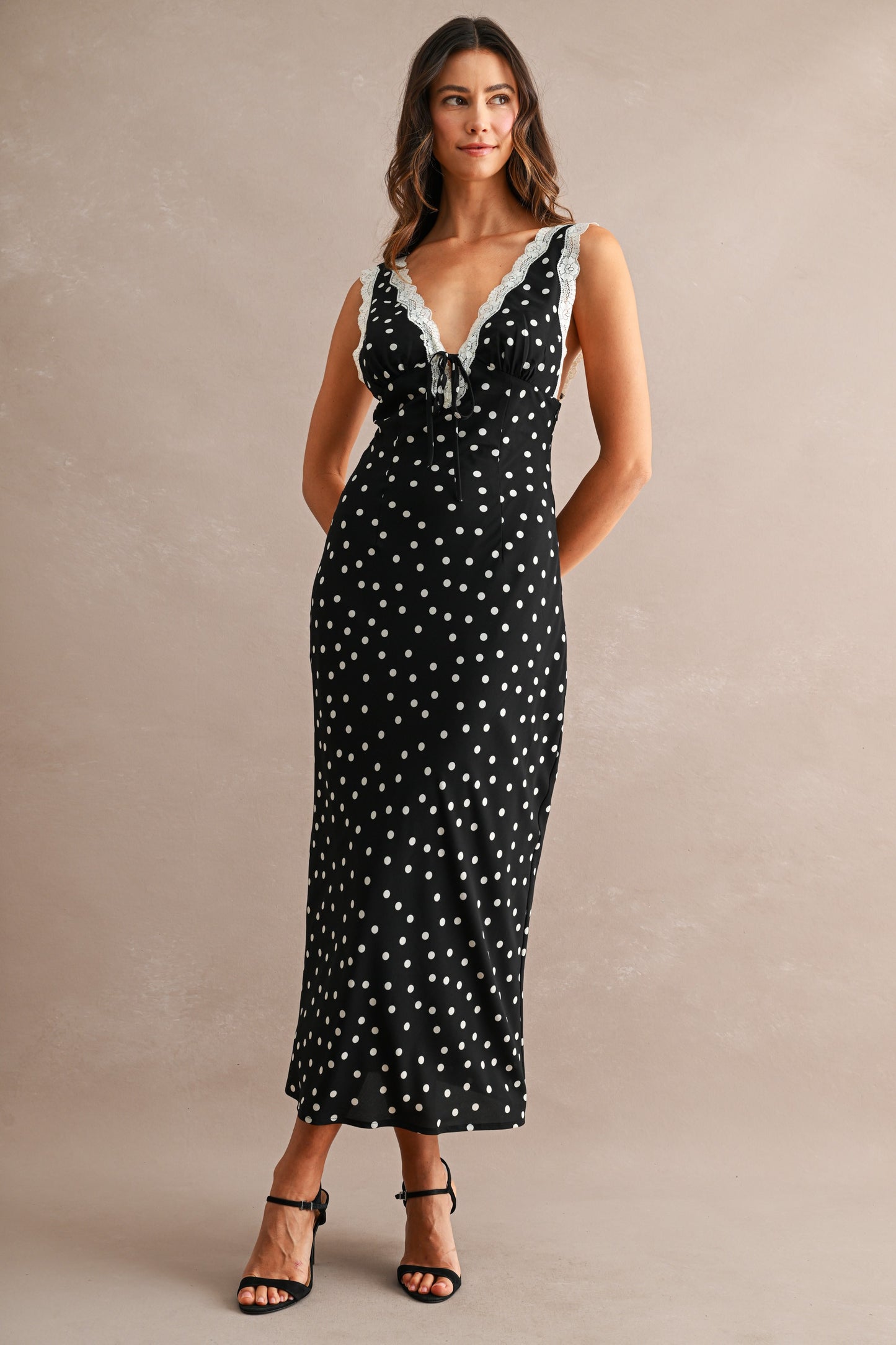 Polka Dot Lace Trim Midi Dress