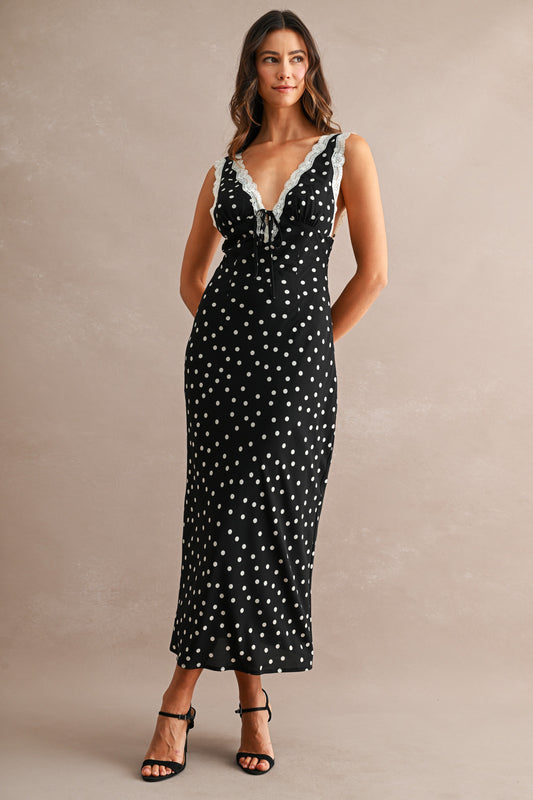 Polka Dot Lace Trim Midi Dress