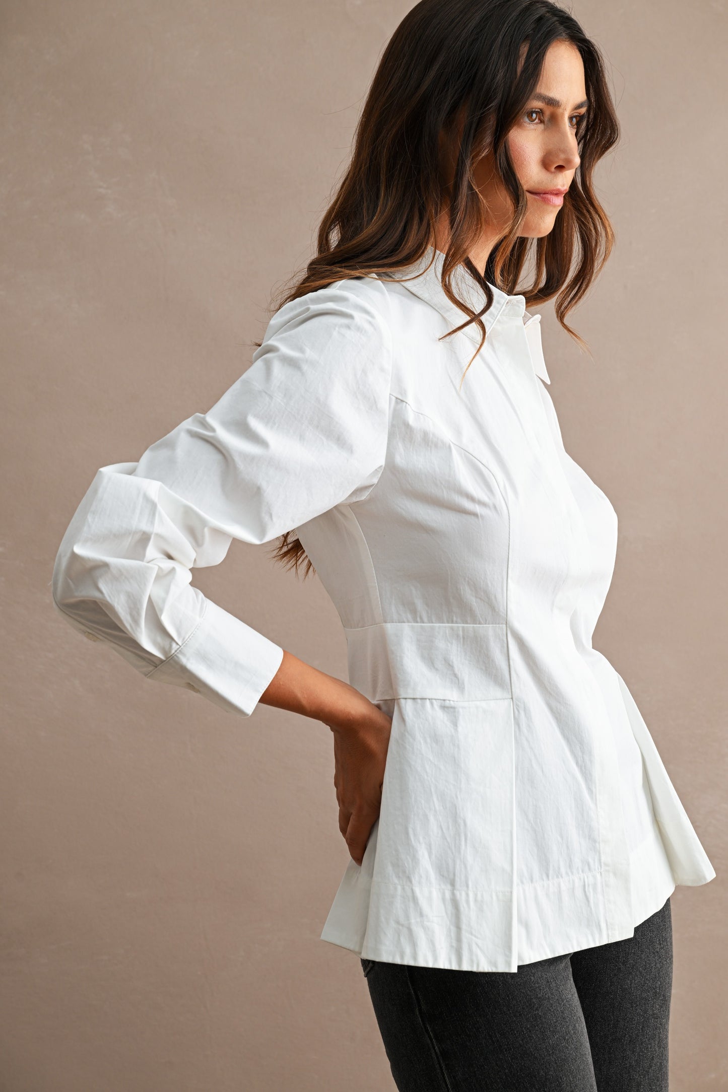 Pleated Peplum Button Up Shirt