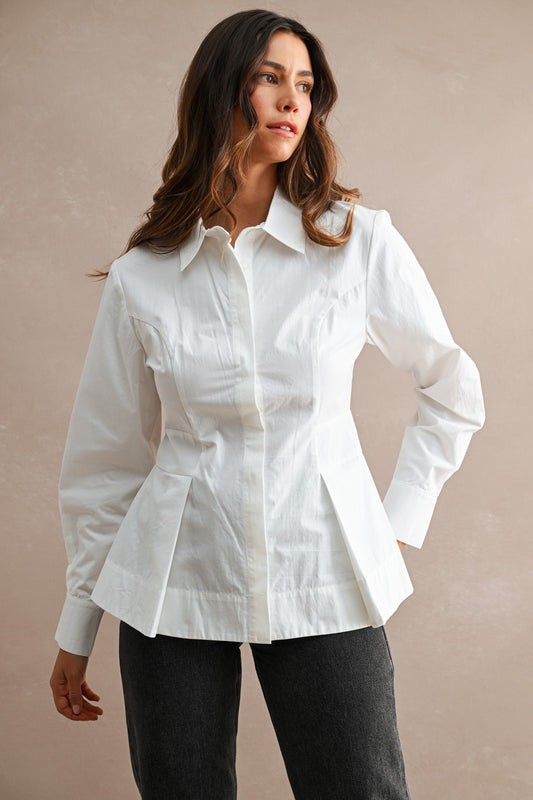 Pleated Peplum Button Up Shirt