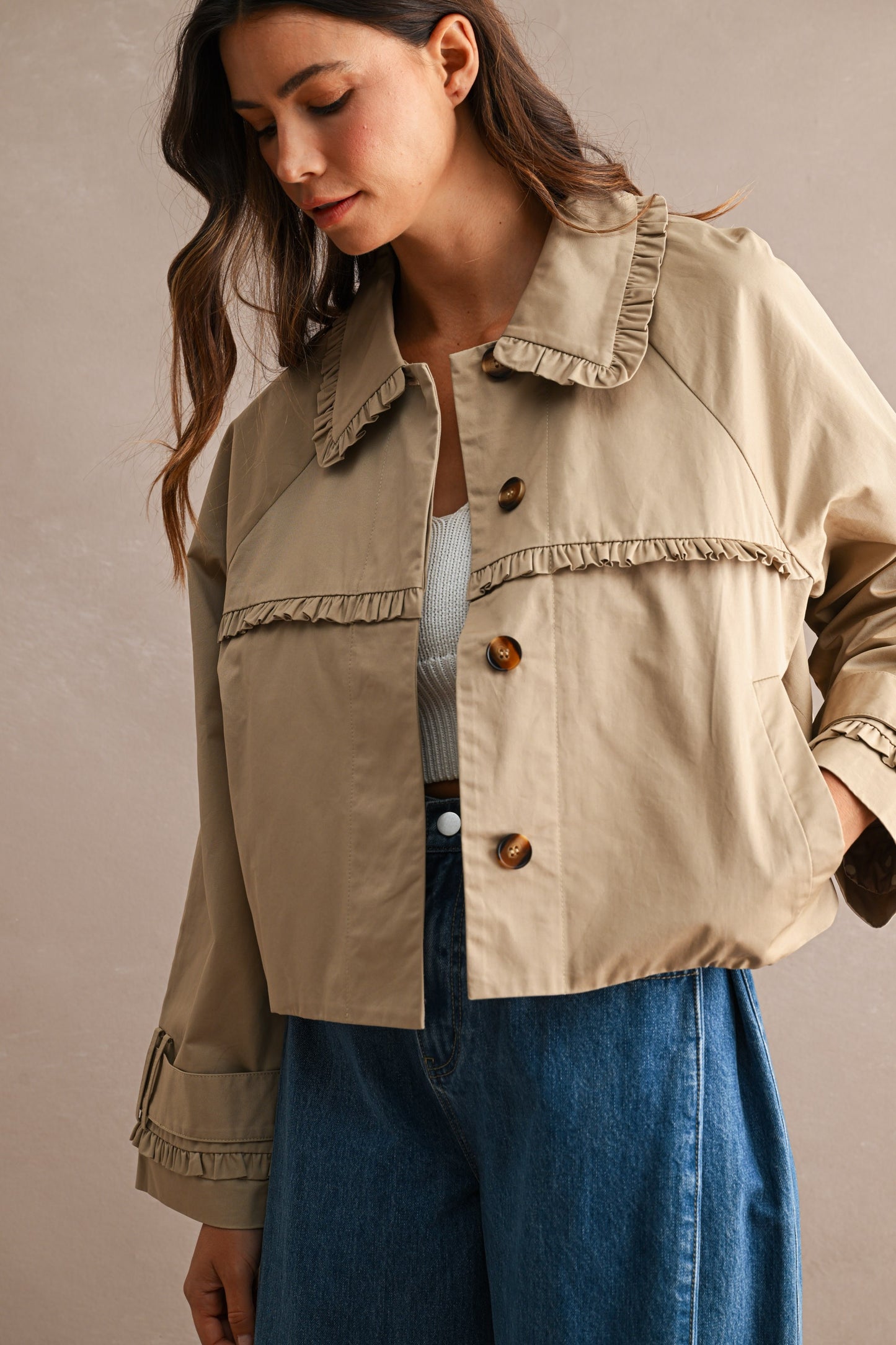 Ruffle Trim Trench Jacket