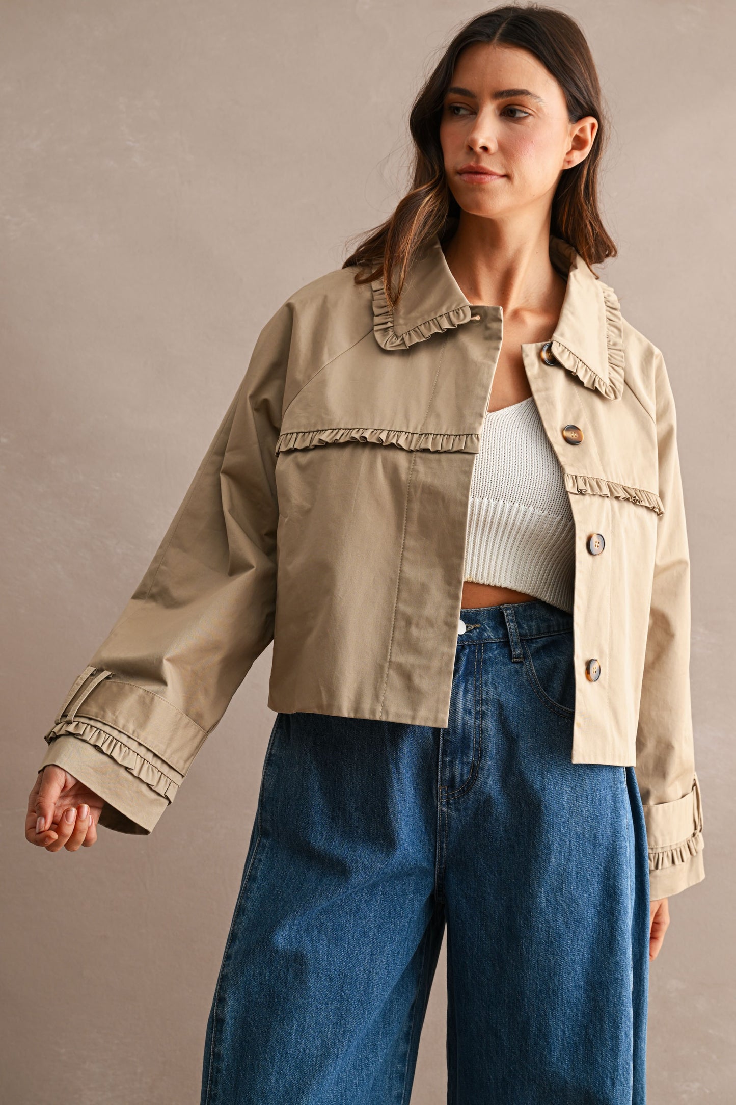 Ruffle Trim Trench Jacket