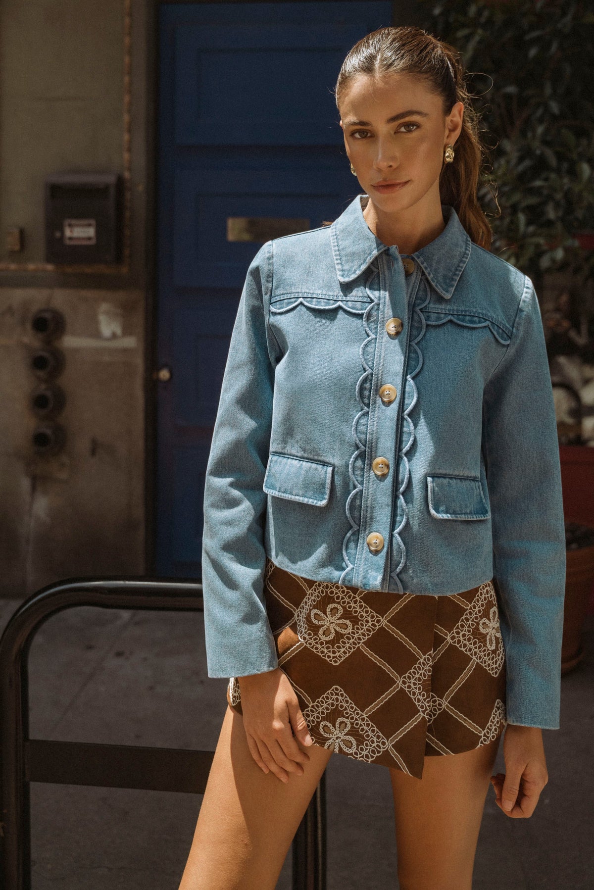 Denim Scalloped Pleated Jacket