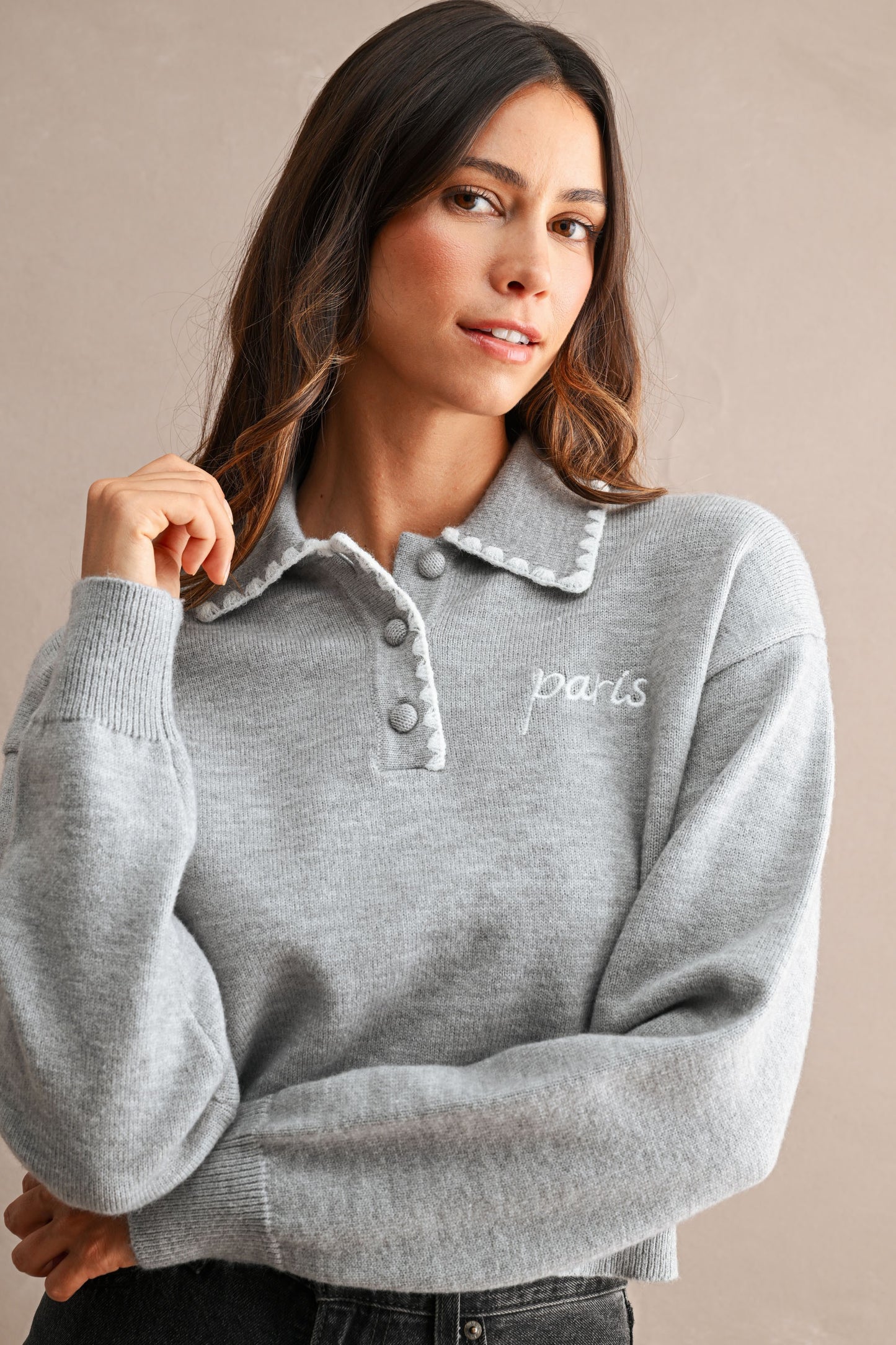 "Paris" Contrast Stitch Polo Sweater