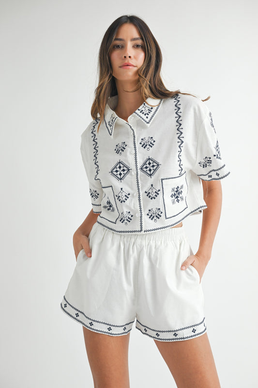 Embroidered Button Cropped Set