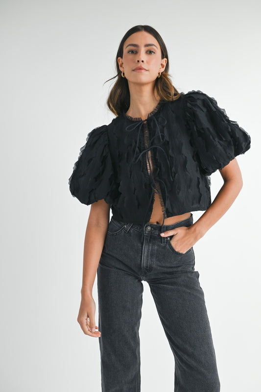 Textured Puff Sleeve Tie Top