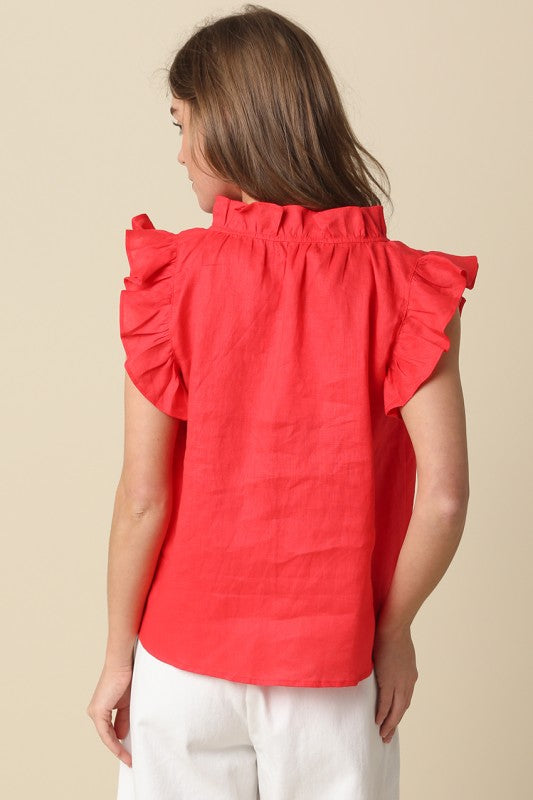 Linen Ruffle Sleeve Blouse